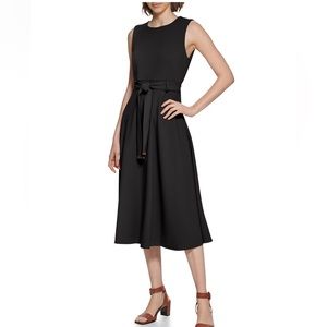 Calvin Klein Sleeveless Round Neck Tie Waist Midi Fit and Flare Dress